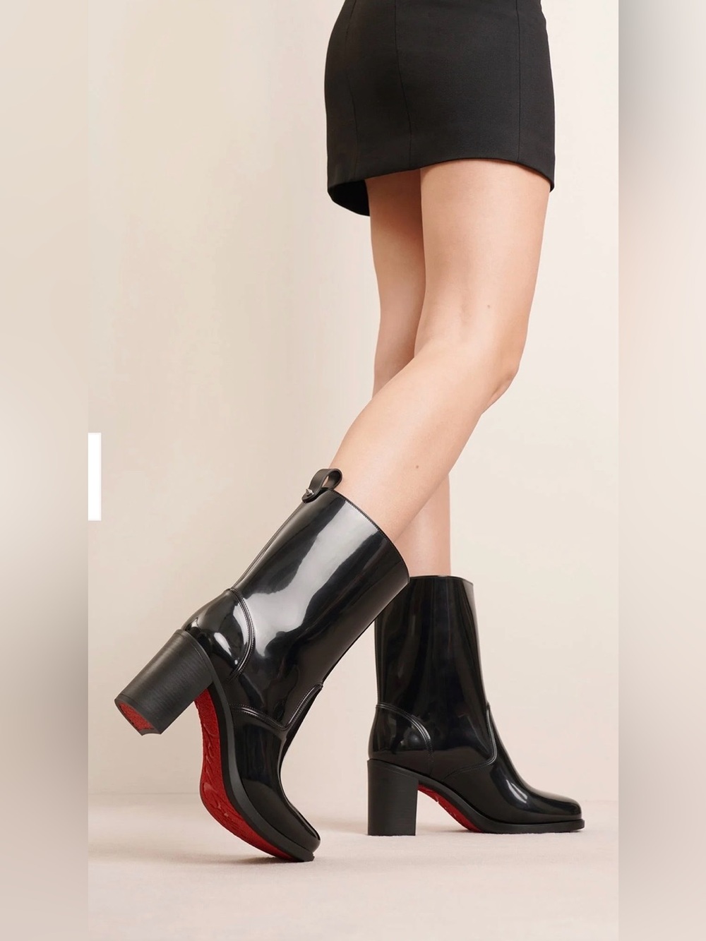 CHRISTIAN LOUBOUTIN Glossy Black Mid-Calf Heeled Rubber Rain Boots - Size 9